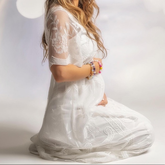 PinkBlush White Lace Mesh Overlay Maternity Dress - Picture 12 of 12